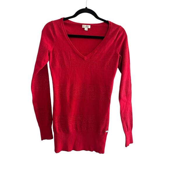 GUESS Red Medium Neck Long Sleeved Sweater Tunic Holiday Sparkle Stripes #3434 - Picture 1 of 11